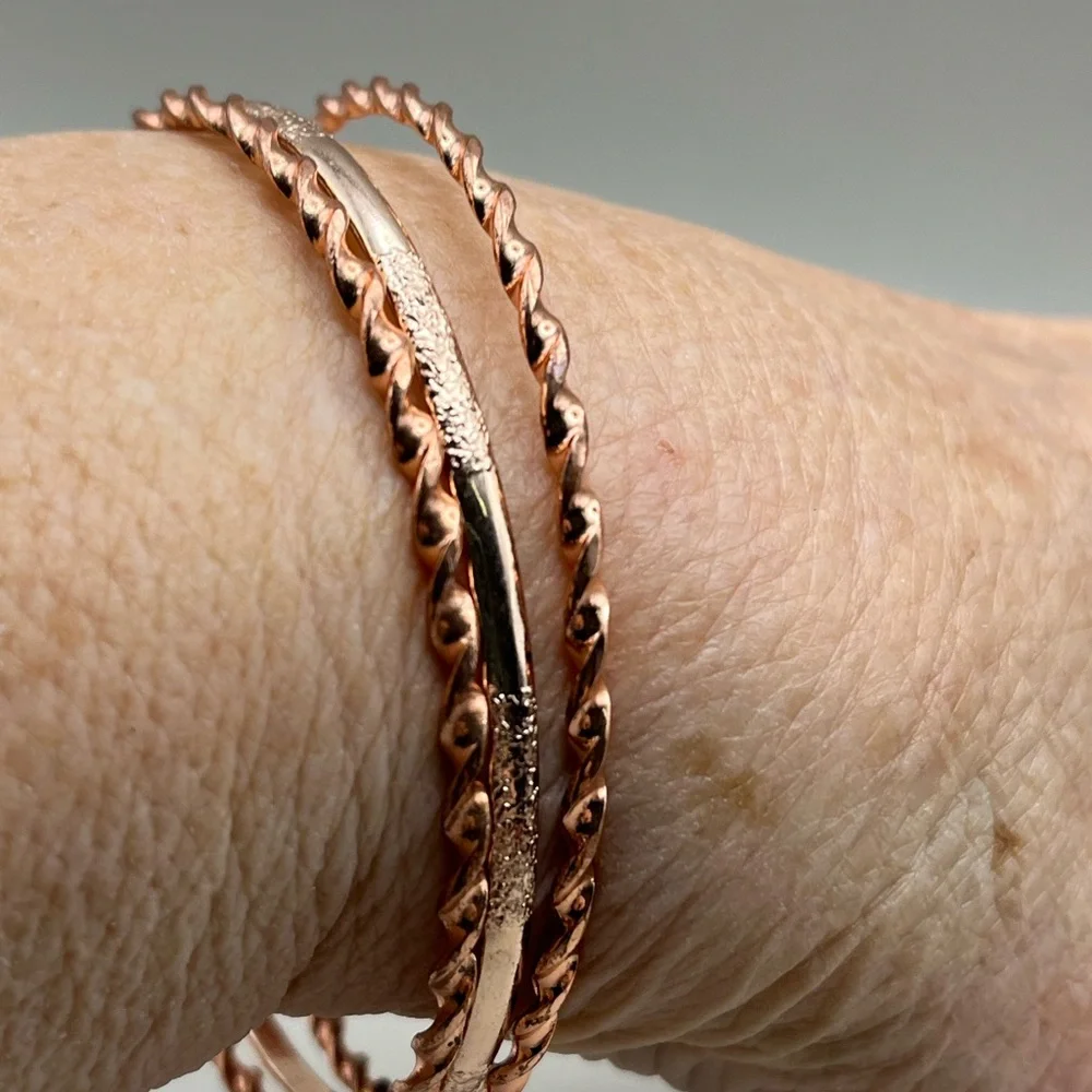 3 Piece Rose Gold Toned Twisted Hoop Bangle Set - Festive and Gift Ready